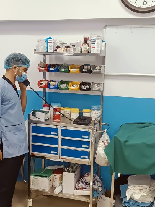 Emergency medicine trolley on the floor